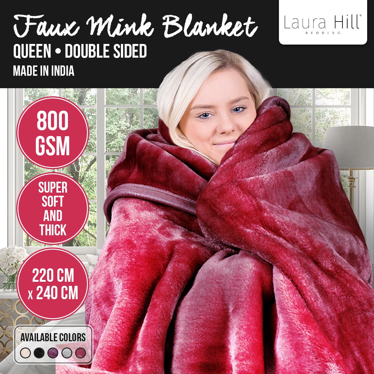 Laura Hill Double-sided Faux Mink Throw Rug Blanket in red, large size 220 x 240cm, showcasing its soft texture and luxurious appearance.